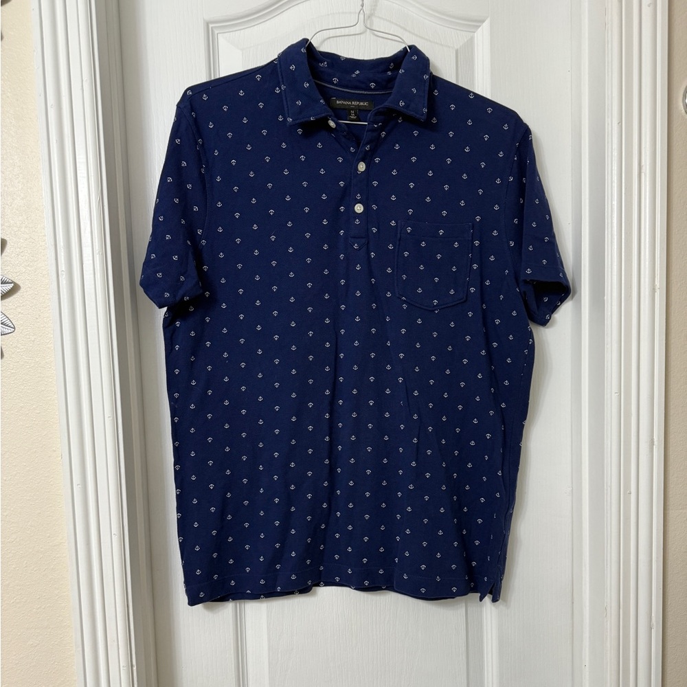 Banana Republic Polo Short Sleeve Men's Blue Nautical Anchors Casual Size M